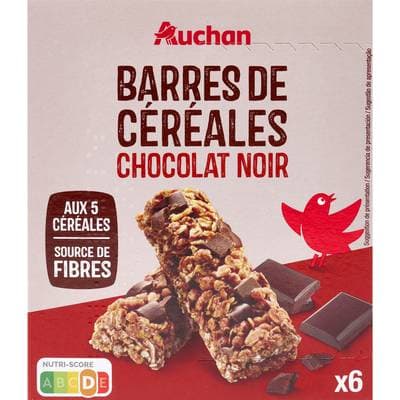 Auchan Barres de céréales au chocolat noir, 6 barres