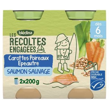 Blédina - Les Récoltes Engagées Carotte, Poireaux, Epeautre et saumon MSC Pot Bébé Dès 6 mois, 2x200g