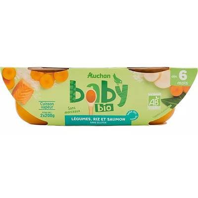 Auchan Baby Bio Légumes riz et saumon Bio Bol bébé dés 6 mois, 2x200g