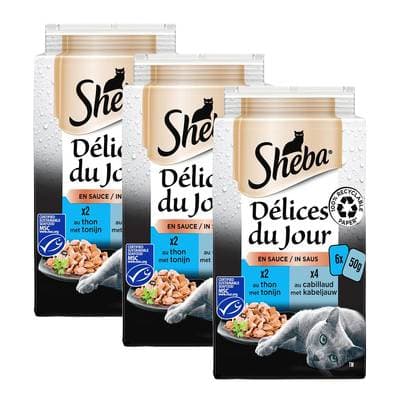 Sheba - Délices du Jour Sachets en Sauce Cabillaud et Thon MSC pour chat, Lot de 3 - 6x50g