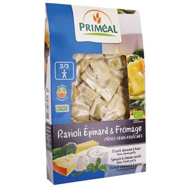 Priméal Ravioli épinard fromage Bio, Pâte semi-fraîche, 250g