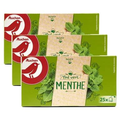 Auchan Thé vert à la menthe, Lot de 3x25 sachets