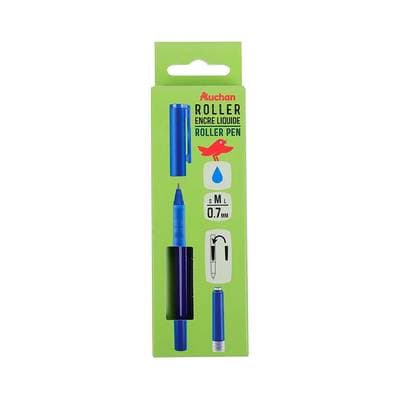 Auchan Stylo roller pointe moyenne 0.7mm bleu + 1 recharge, 1 stylo + 1 recharge