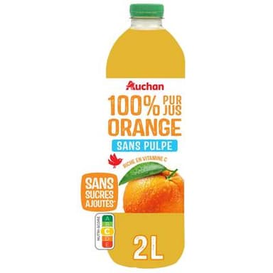 Auchan Pur jus d'orange sans pulpe et sans sucres ajoutés, 2L