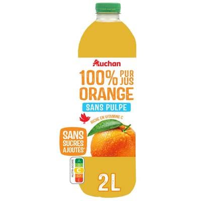 Auchan Pur jus d'orange sans pulpe et sans sucres ajoutés, 2L