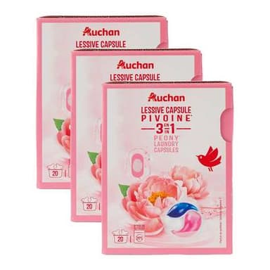 Auchan Lessive en capsules 3en1 pivoine, Lot de 3x20 capsules