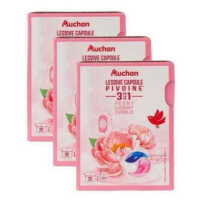 Auchan Lessive en capsules 3en1 pivoine, Lot de 3x20 capsules