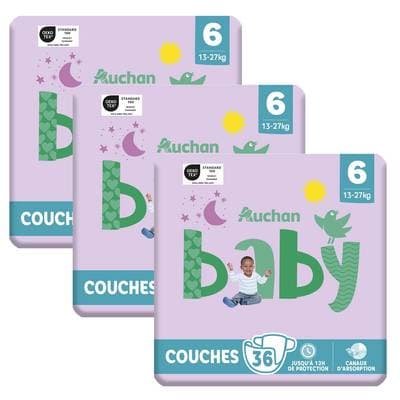 Auchan Baby Couche taille 6 (13-27kg), Lot de 3x36 couches
