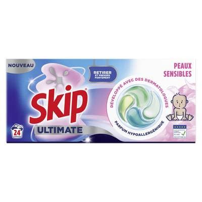 Skip Lessive Capsules Peaux Sensibles Ultimate 4en1, 24 capsules