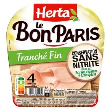 Herta Jambon Le Bon Paris Tranches Fines Conservation Sans Nitrite, 4 tranches - 120g
