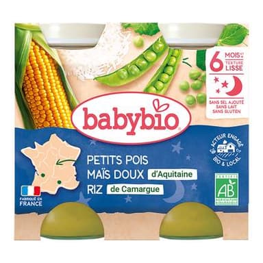 Babybio Petit pois maïs riz bio Pots Bébé dès 6 mois, 2x200g