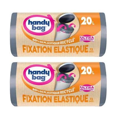 Handy Bag Sacs poubelle 20L fixation élastique & poignées coulissantes, Lot de 2x15 sacs de 20L