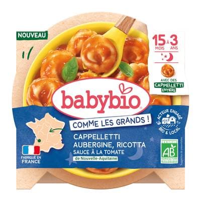 Babybio Cappelletti Aubergine Ricotta Sauce Tomate Bio Assiette bébé dès 15 mois, 190g