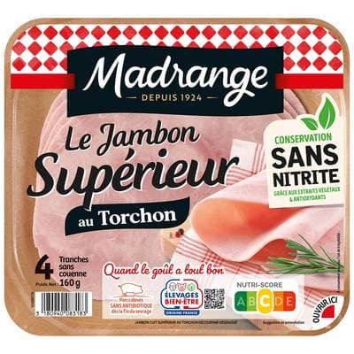 Madrange Le Jambon Supérieur au Torchon Sans Couenne Sans Nitrite, 4 tranches - 160g