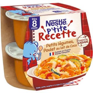 Nestlé - P'tite Recette Petits Légumes Poulet au Lait de Coco Bol Bébé Dès 8 mois, 2x200g