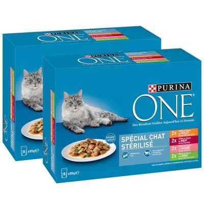 Purina - One Sachets en sauce Effilés Bœuf, Poulet, Saumon et Dinde pour chat stérilisé, Lot de 2 - 8x85g