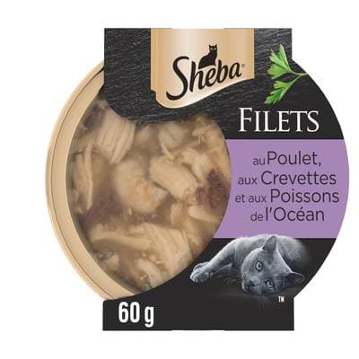 Sheba - Filets Barquette Poulet, Crevettes et Poissons de l'Océan pour chat adulte, 60g