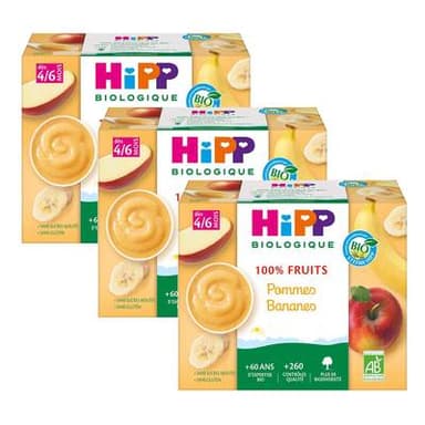 Hipp - 100% Fruits Pommes Bananes Bio Coupelle Bébé Dès 4/6 mois, Lot de 3 - 4x100g
