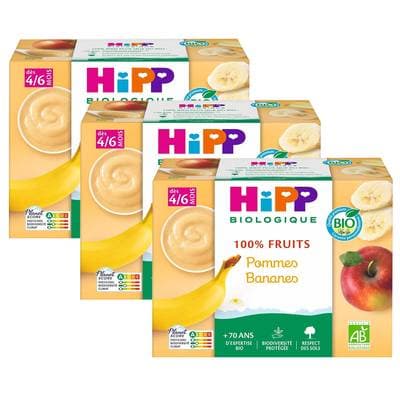 Hipp - 100% Fruits Pommes Bananes Bio Coupelle Bébé Dès 4/6 mois, Lot de 3 - 4x100g