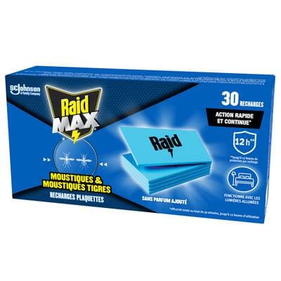 Raid Max Anti-Moustiques Recharges Plaquettes Sans Parfum Moustiques et Moustiques Tigres, 30 recharges
