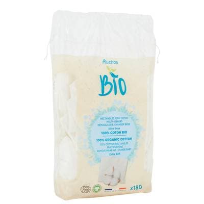 Auchan BIO Rectangles de coton bio multi usage ultra doux, 180 cotons