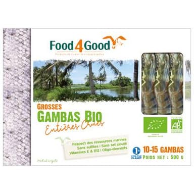 Food4Good Grosses gambas entières crues Bio calibre 20/30, 500g