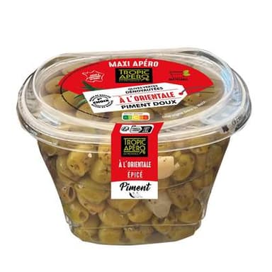 Tropic Apéro Olives Vertes Dénoyautées à l'Orientale Epicé Piment Doux, 400g