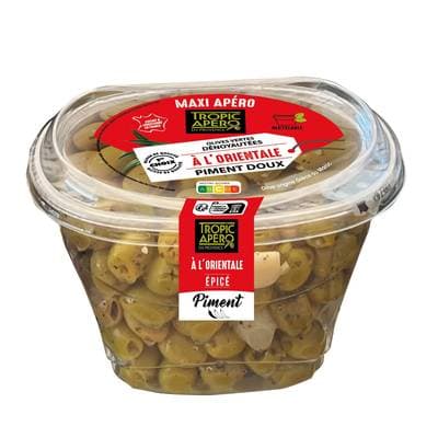Tropic Apéro Olives Vertes Dénoyautées à l'Orientale Epicé Piment Doux, 400g