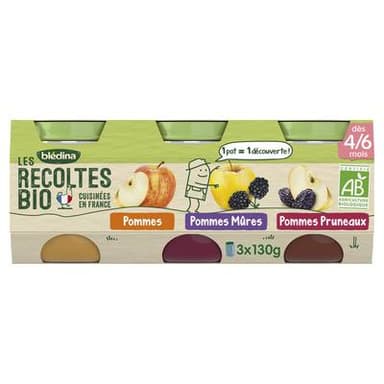 Blédina - Les Récoltes Bio Pommes, Pommes / Mûres et Pommes / Pruneaux Bio Pots Bébé Dès 4 mois, 3x130g