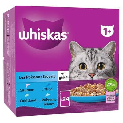 Whiskas Sachets en Gelée Poissons Favoris 4 variétés pour chat adulte, 24x85g