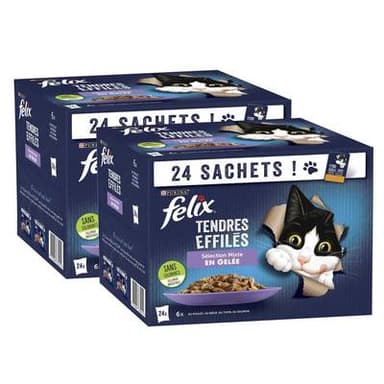 Purina - Félix Sachets en Gelée Tendres Effilés Sélection Mixte 4 variétés pour chat, Lot de 2 - 24x85g