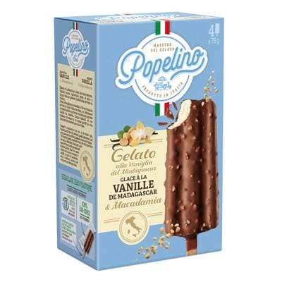 Popelino Glace vanille de Madagascar et macadamia, 4 bâtonnets - 312g