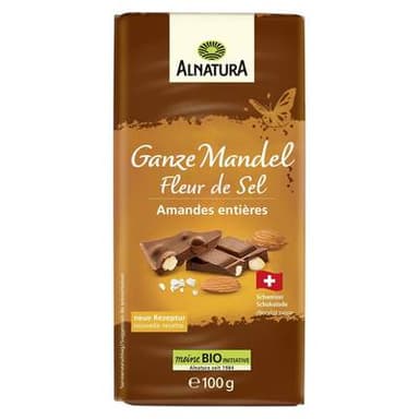 Alnatura Chocolat au Lait Amandes Entières et Fleur de Sel Bio, 100g