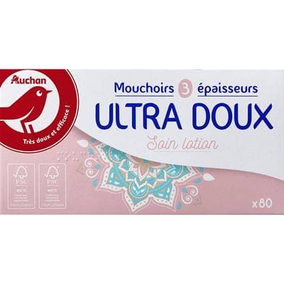 Auchan Boîte de mouchoirs ultra doux soin lotion 3 épaisseurs, 80 mouchoirs