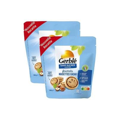 Gerblé Sans Sucres Ajoutés Biscuits Fourrés Noisette Cacao -82% de sucres en moins, Lot de 2x180g
