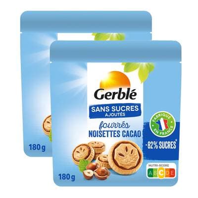 Gerblé Sans Sucres Ajoutés Biscuits Fourrés Noisette Cacao -82% de sucres en moins, Lot de 2x180g