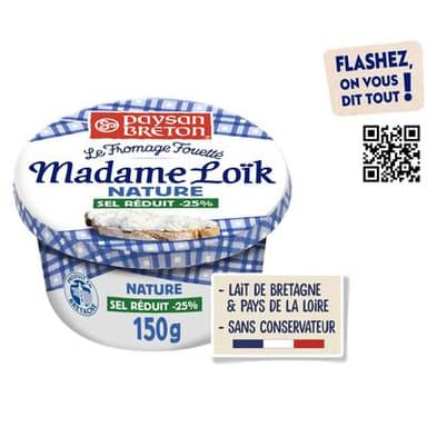 Paysan Breton Fromage fouetté Madame Loik nature au sel de Guérande sel réduit de 25%, 150g