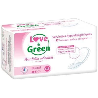 Love & Green Serviettes pour fuites urinaires hypoallergéniques normal, 12 serviettes