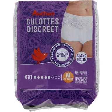 Auchan Culottes discreet incontinence blanc décoré taille M 70-100cm, 10 culottes