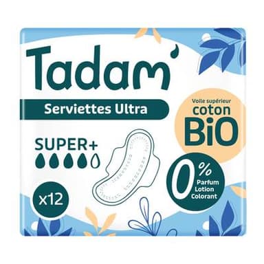 Tadam Serviettes hygiéniques bio Ultra Super + avec ailettes, 12 serviettes