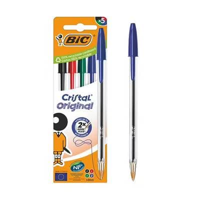 Bic Stylos bille cristal assortis pointe moyenne, 5 stylos couleurs assorties