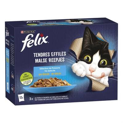 Purina - Félix Sachets en Gelée Tendres Effilés Sélection Poisson pour chat, 12x85g