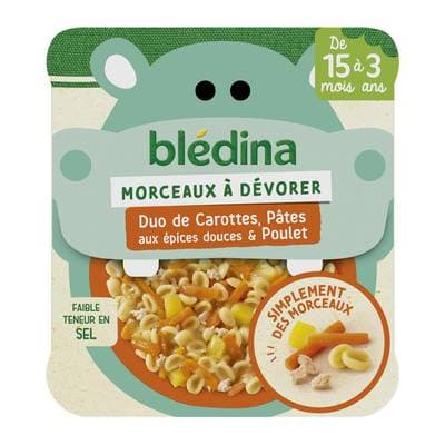 Blédina - Morceaux à dévorer Duo de Carottes, Pâtes aux épices douces, poulet Assiette Bébé Dès 15 mois, 200g