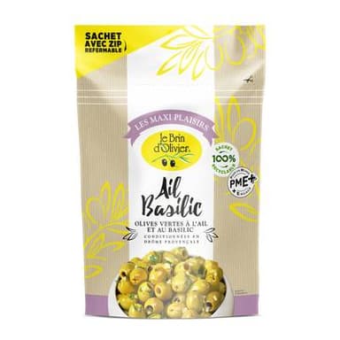 Le Brin d'Olivier Olives Vertes dénoyautées ail et basilic, 350g