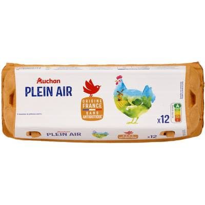 Auchan Oeufs de poules élevées en plein air sans antibiotique, 12 oeufs