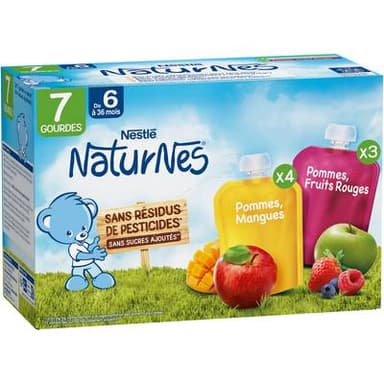Nestlé - Naturnes Purée de Pommes Mangues et Pommes Fruits Rouges Gourde Bébé Dès 6 mois, 7x90g