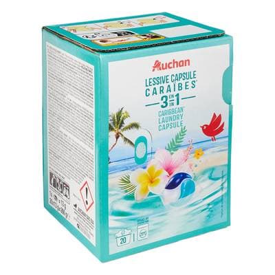 Auchan Lessive capsules 3en1 caraibes, 20 capsules