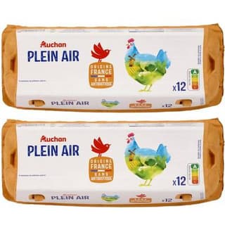 Auchan Oeufs de poules élevées en plein air sans antibiotique, Lot de 2x12 oeufs
