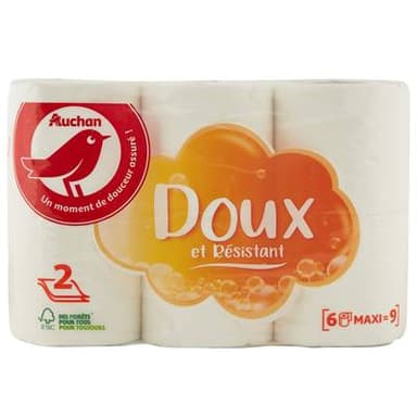Auchan Papier toilette blanc maxi doux et résistant 2 épaisseurs, 6 rouleaux papiers toilettes