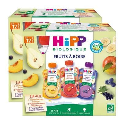 Hipp - Fruits à Boire 3 Variétés Purée de fruits et jus de fruits Bio Gourde Bébé Dès 12 mois, Lot de 2 - 8x12cl